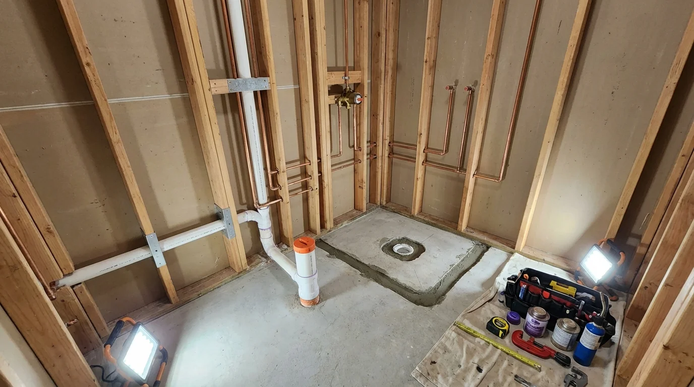 Bathroom rough-in plumbing during remodel by Johns Plumbing LLC in Guthrie