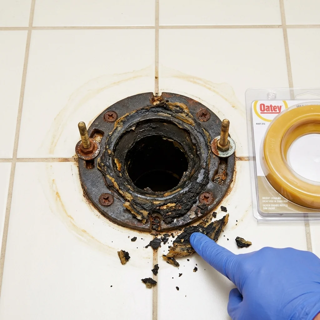 Failed wax ring showing water seepage at the base of a toilet in a Guthrie, OK home
